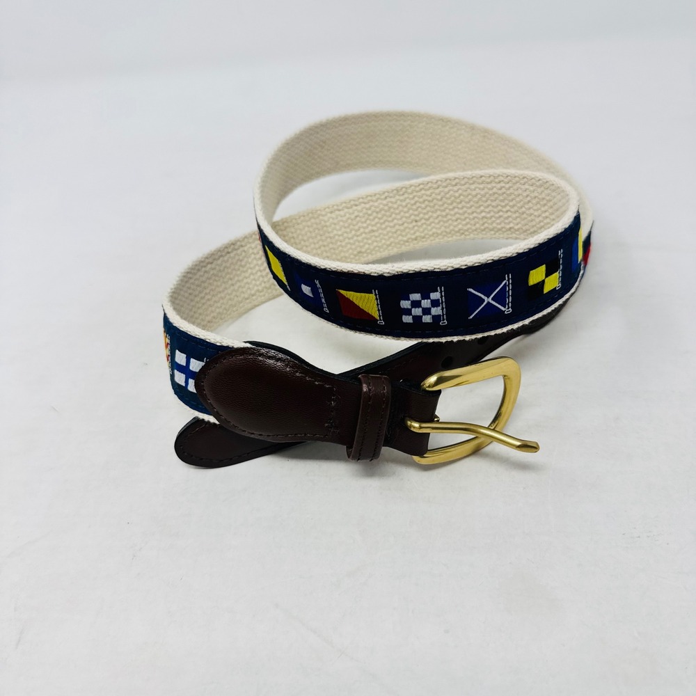 Nautical Sailing Signal Flag Canvas Leather Belt Navy Cream 36 Made in USA